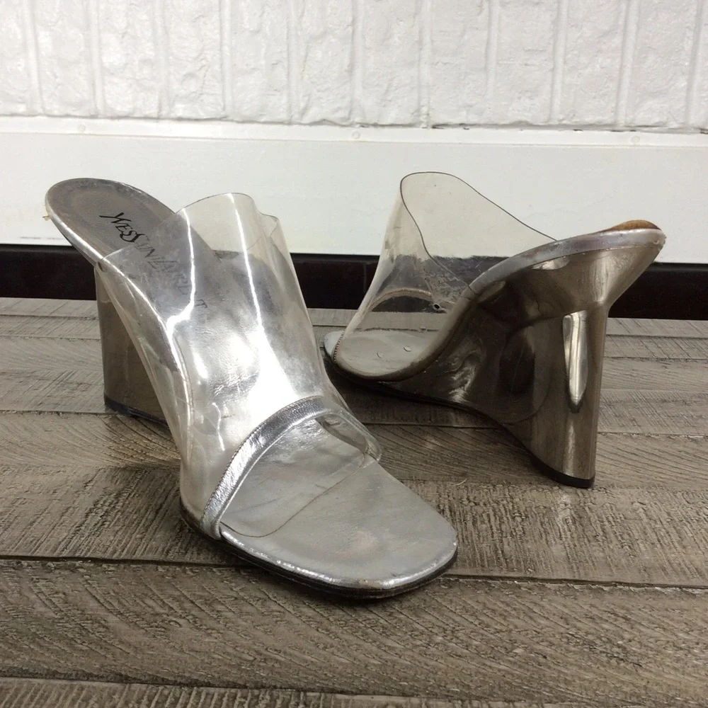 vintage Yves Saint Laurent silver and clear lucite mules with mirror finish
